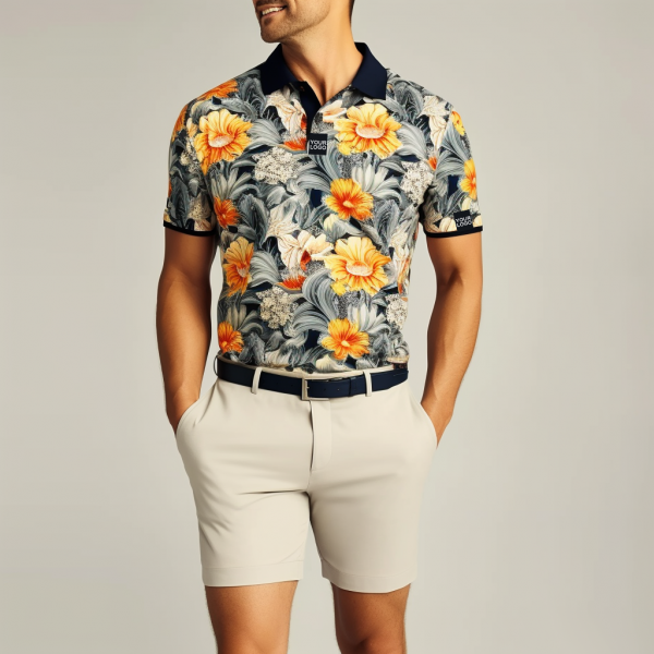 short sleeved tropical print polo shirt